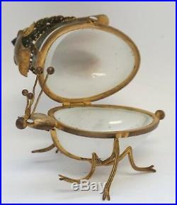 Antique Jeweled French Ormolu Bronze Insect Opaline Egg Trinket Box Casket