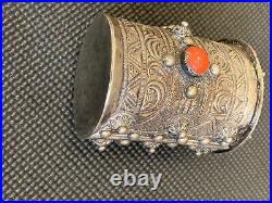Antique Kabili Silver box with corral and hand carved decorations. Work of art