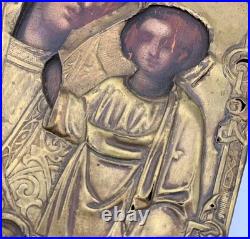 Antique Kazan Virgin Mary Icon 19th Century Brass Russia Religious Art 12.4in