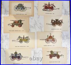 Antique Lithograph Set Of 6 Steam Engine Firetruck Vibrant Artwork Historical