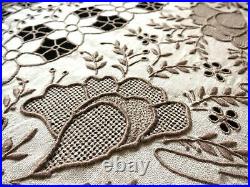 Antique Madeira Hand Embroidery Dense Cutwork Linen Tablecloth 64X120