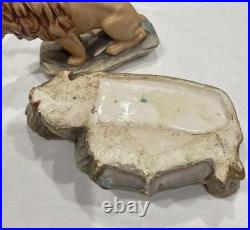 Antique Majolica Lion Smoking Set Humidor Match Striker Cigar Holder Ashtray