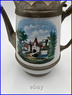 Antique, Manning and Bowman, Enamelware-Pewter Teapot Castles 11X10X5