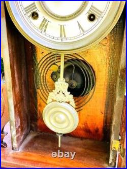 Antique Mantle Clock Cherry Wood Framed Old Kitchen Style 8 Day Farmhouse Style