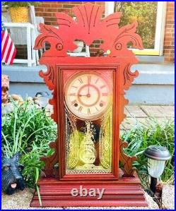 Antique Mantle Clock Cherry Wood Framed Old Kitchen Style 8 Day Farmhouse Style