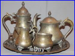 Antique Metal Set 2 Teapots, Creamer, Sugar Bowl And Tray