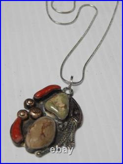 Antique Navajo Sterling Silver Gold Coral Turquoise Pendant Necklace Free Chain