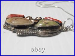 Antique Navajo Sterling Silver Gold Coral Turquoise Pendant Necklace Free Chain