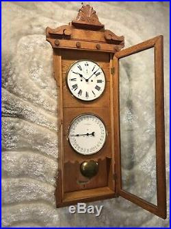 Antique Oak USA 30 Day New Haven Double Dial Calendar Wall Clock W Pendulum
