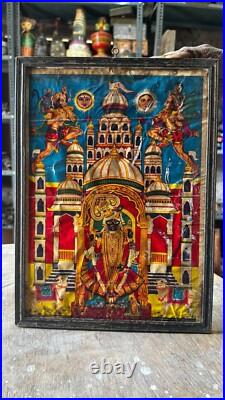 Antique Old Collectible Hindu God Dwarka Nath Deval Rare Print Wooden Framed