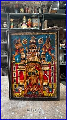 Antique Old Collectible Hindu God Dwarka Nath Deval Rare Print Wooden Framed