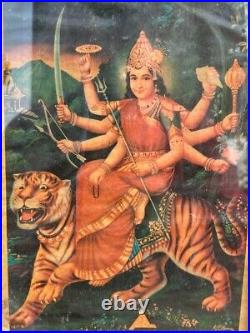 Antique Old Hindu Religion Goddess Durga Seated On Lion Lithograph Print Framed