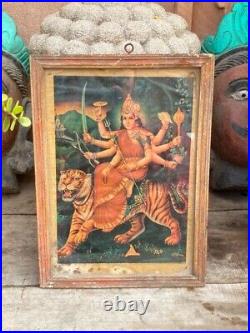 Antique Old Hindu Religion Goddess Durga Seated On Lion Lithograph Print Framed