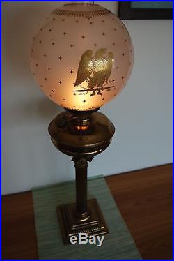 Antique Old Oil Kerosene Gwtw Glass Eagle Gold Shade Impire Federal Banquet Lamp