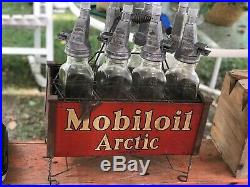 Antique Old Vintage Mobiloil Mobil Oil Arctic Filpruf Oil Bottle Rack Gas Statio