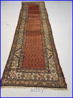 Antique Oriental Hand-Knotted Wool Runner Collectible Kurdish Rust 3' x 10'2