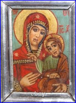 Antique Orthodox Hand Painted Tempera/wood Icon Virgin Mary Jesus Christ Child