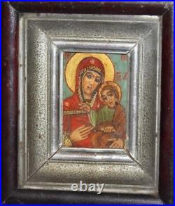 Antique Orthodox Hand Painted Tempera/wood Icon Virgin Mary Jesus Christ Child