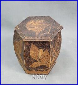 Antique PYROGRAPHY Hand Carved TOBACCO Leaves Pipes WOOD Hexagonal BOX JAR