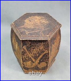 Antique PYROGRAPHY Hand Carved TOBACCO Leaves Pipes WOOD Hexagonal BOX JAR