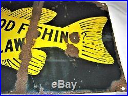 Antique Pa Us Porcelain Fishing Fish Commission Camp Hunt Gun Tool Hook Art Sign