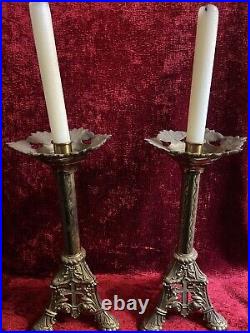 Antique Pair Brass Candle Holders Church Altar Gothic Renaissance Cross 17 High