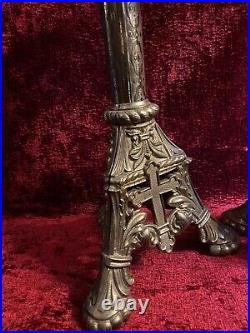Antique Pair Brass Candle Holders Church Altar Gothic Renaissance Cross 17 High