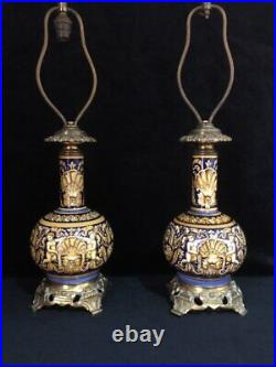 Antique Pair Of Earthenware Lamps From Gien Late 19th Angel Decor Rare Old 55cm