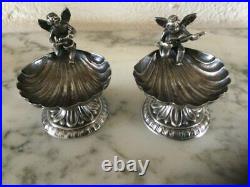 Antique Pair Silver 925 Spice Cup Scallop With Amours Musiciens Palmettes 19th
