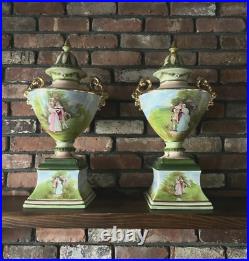 Antique Pair of Porcelain Transfer-Printed Scenic Urn English Blue Green