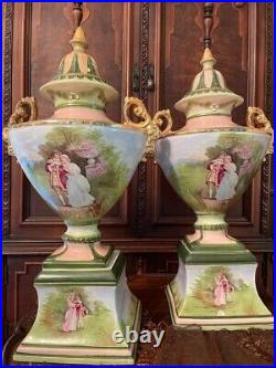 Antique Pair of Porcelain Transfer-Printed Scenic Urn English Blue Green