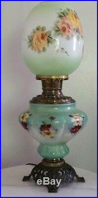 Antique Parlor GWTW Hurricane Lamp Oil lamp Electrified Hand-Painted Roses