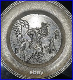 Antique Pewter Silver 3D Spanish Art Plate Don Quixote Rare Collector Piece