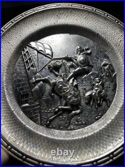 Antique Pewter Silver 3D Spanish Art Plate Don Quixote Rare Collector Piece