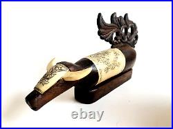 Antique Philippine Lime Container Carved Bone & Wooden Water Buffalo