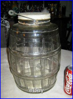 Antique Primitive Lg Pickle Barrel Folk Art Jar Blue Wood Bail Wire Handle Tin