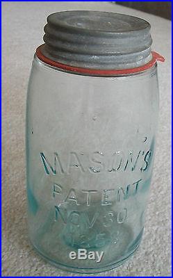 Antique Qt Jar-MASON'S PATENT NOV 30TH 1858-Cornflower Blue-w. Zinc Lid+Rubber