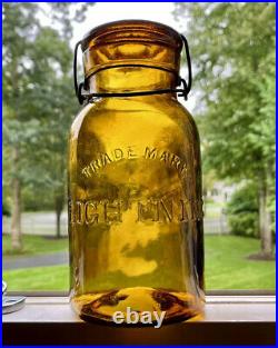 Antique Quart Fruit Jar Trademark Lightning Pale Honey Yellow Amber, c. 1880s
