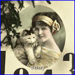 Antique RPPC Real Postcard Photograph Beautiful Young Woman With Cat Set 1913