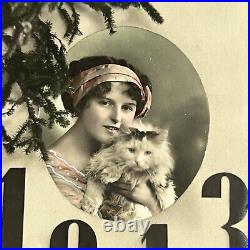 Antique RPPC Real Postcard Photograph Beautiful Young Woman With Cat Set 1913