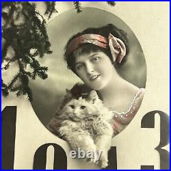 Antique RPPC Real Postcard Photograph Beautiful Young Woman With Cat Set 1913