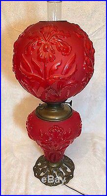 Antique Regal Iris Pattern Gone With The Wind Oil Lamp Ruby Red- Electrified