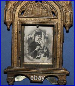 Antique Religious Desk Metal Plaque With Printed Image Virgin Mary Jesus Christ