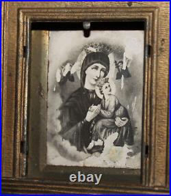 Antique Religious Desk Metal Plaque With Printed Image Virgin Mary Jesus Christ
