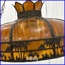 Antique Root Beer Slag Glass Egyptian Revival Filigree Hanging Lamp Vintage