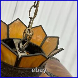 Antique Root Beer Slag Glass Egyptian Revival Filigree Hanging Lamp Vintage