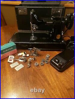 Antique SINGER 221 Featherweight Sewing Machine Case Pedal Attachments NICE 1949