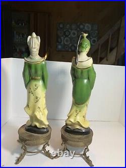 Antique Set Asian Porcelain Statues Figurines 16 Brass/Bronze Koi Fish Bases
