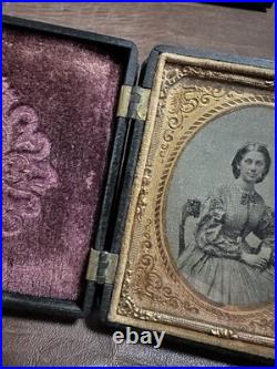 Antique Thermoplastic 1800's Daguerreotype Civil Union Case Stag Photo Of Woman