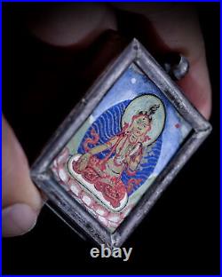 Antique Tibetan White Tara Thangka Tangka In Sterling Gawu Gau Box Pendant